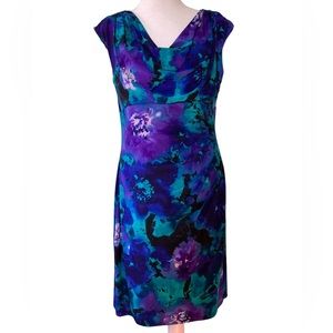 Lauren Ralph Lauren Ruched Drape Neck Purple/Turquoise Sheath Dress (Size 14P)